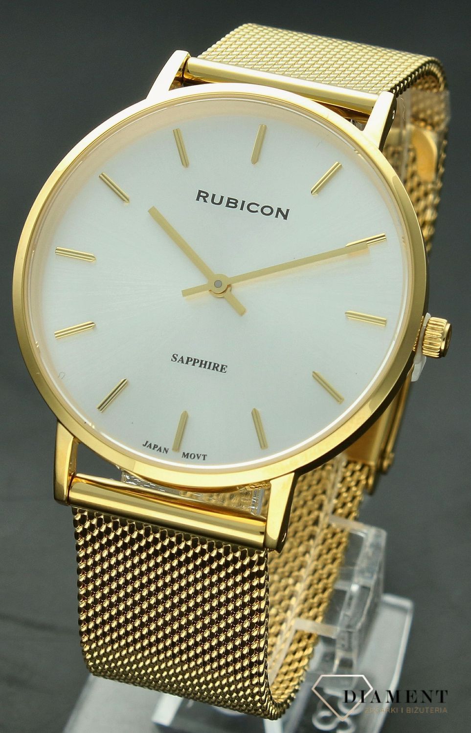 Zegarek damski Rubicon złoto-srebrny z szafirowym szkłem RNBD76. Zegarek damski na bransolecie. Zegarek damski Rubicon z indeksami. Zegarek damski biżuteryjny Rubicon. Elegancki zegarek w złotym kolorze na prezent..png